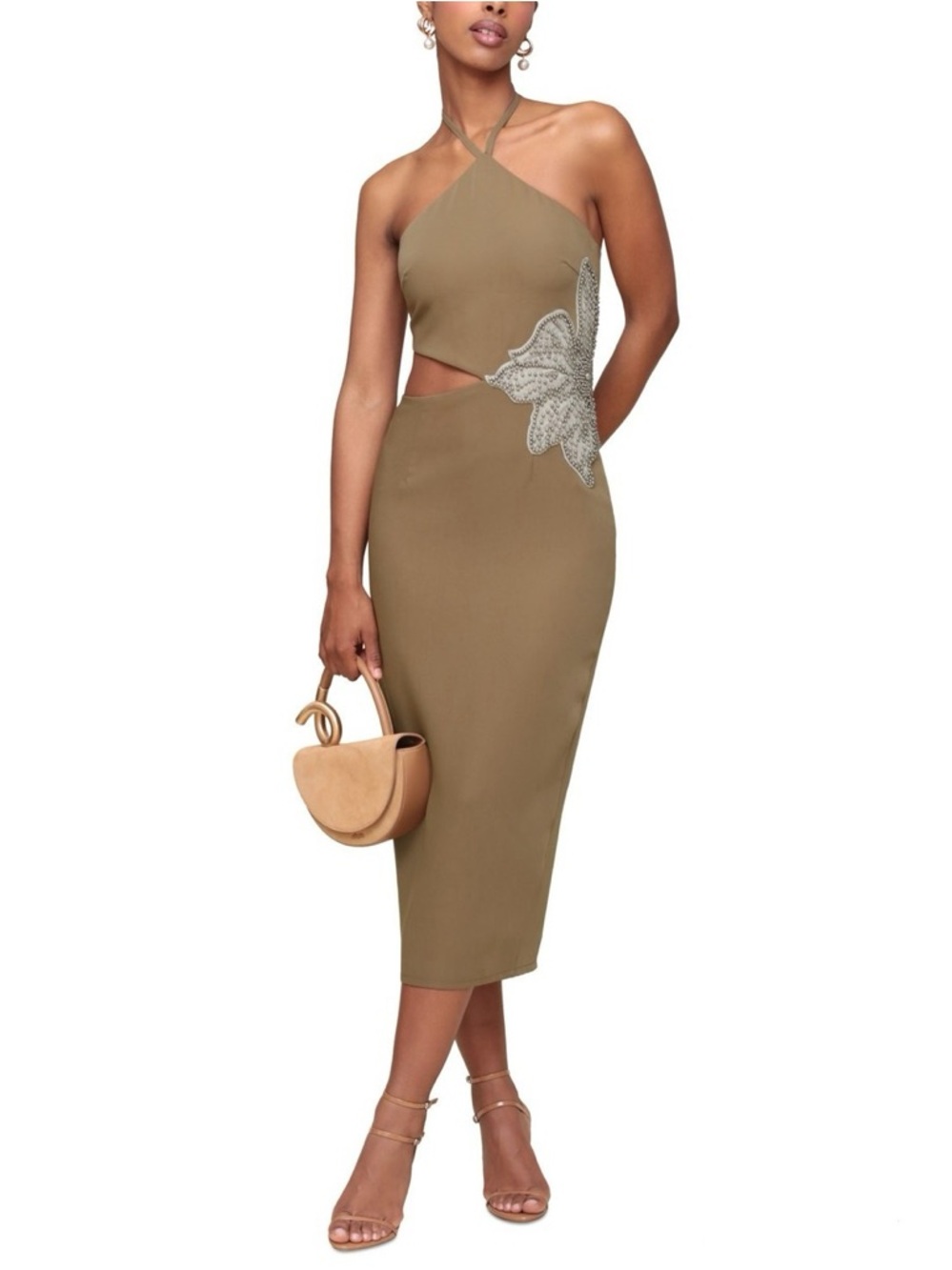 Avec Les Filles Olive Green Halter Midi Dress with Embellished Cutout
